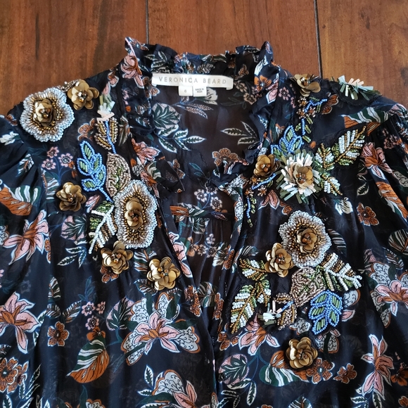 Veronica Beard Shaia Embellished Ruched Ruffle Sleeve Dress in Black Multi Sz 6 - Picture 10 of 13